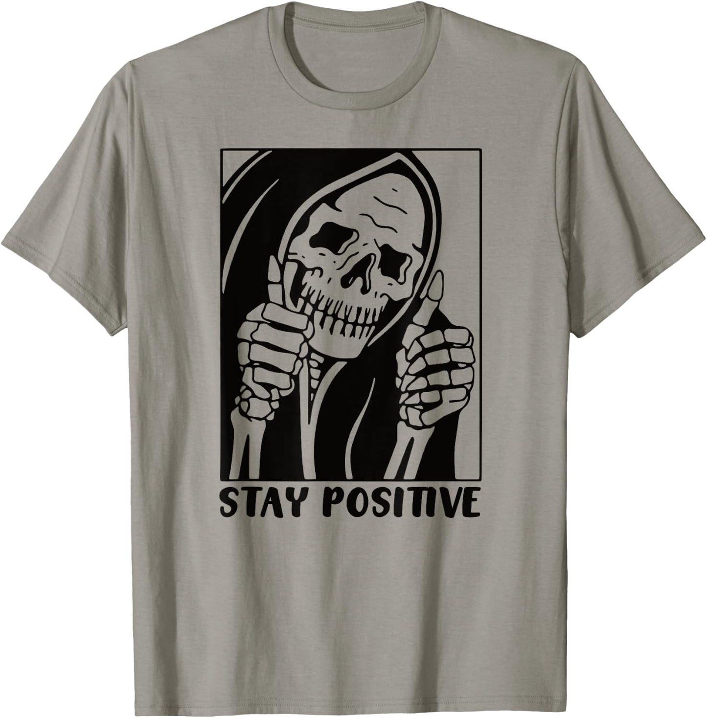 Death Stay Positive Skeleton Thumbs Up. Black Graphic T-Shirt - T-Shirt | Sand