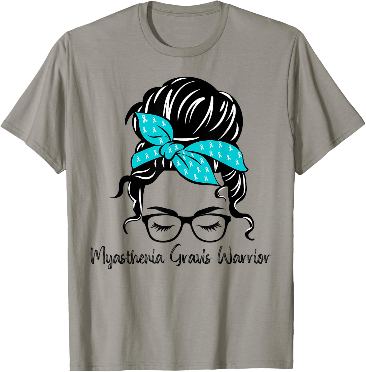 Myasthenia Gravis Awareness Messy Bun Teal Woman Warrior T-Shirt - T-Shirt | Sand