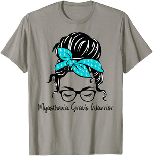 Myasthenia Gravis Awareness Messy Bun Teal Woman Warrior T-Shirt - T-Shirt | Sand