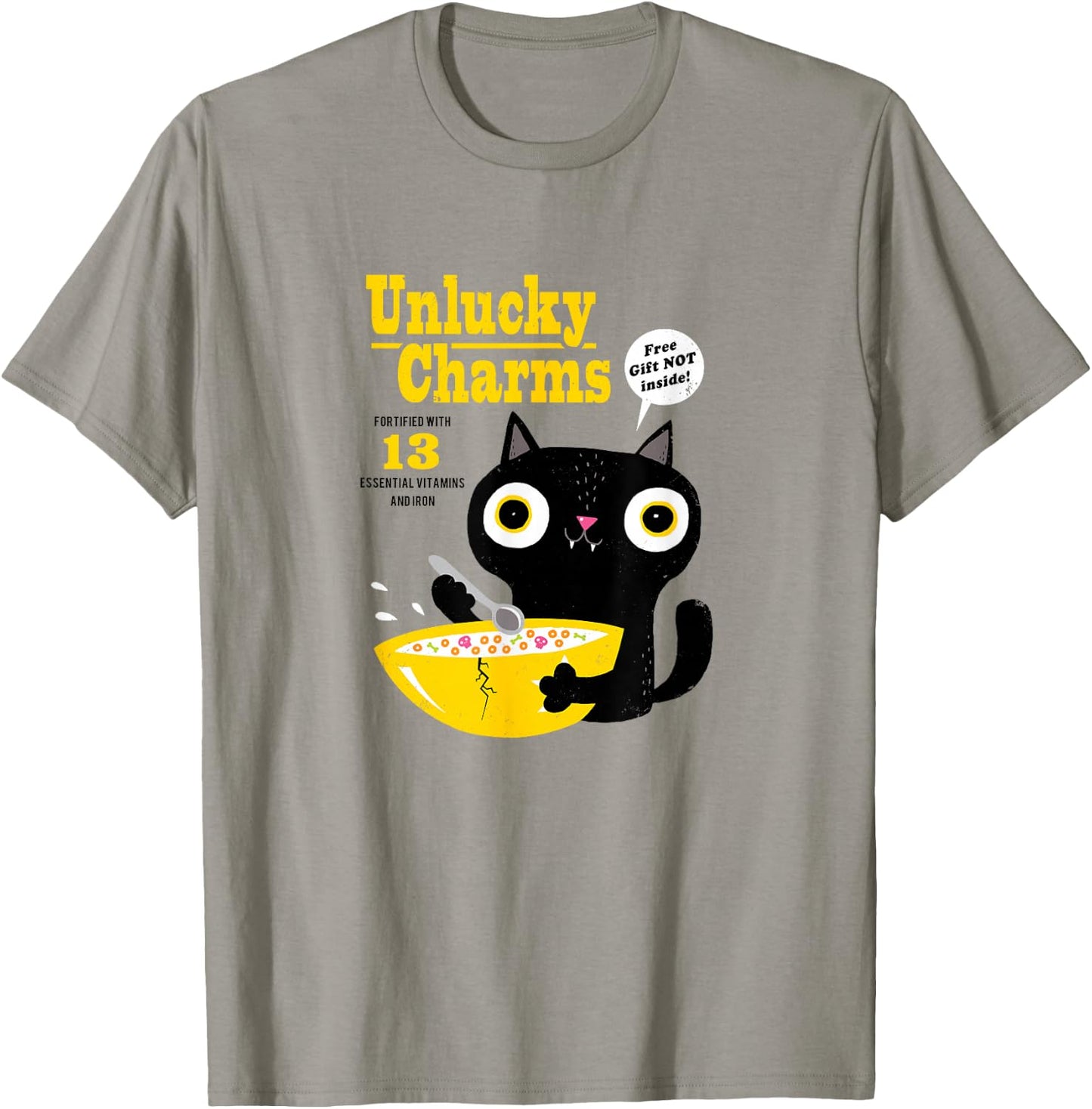 Funny Cat Cereal: Unlucky Charms-Official DinoMike Design T-Shirt - T-Shirt | Sand