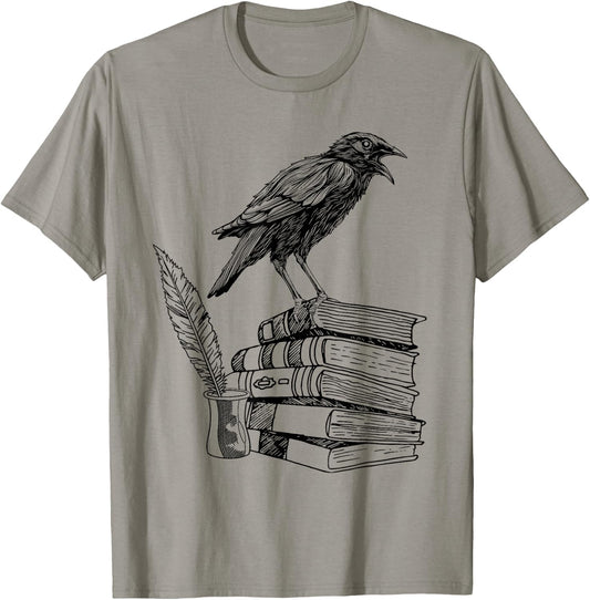 Dark Academia Aesthetic Raven Crow On Old Vintage Books T-Shirt - T-Shirt | Sand