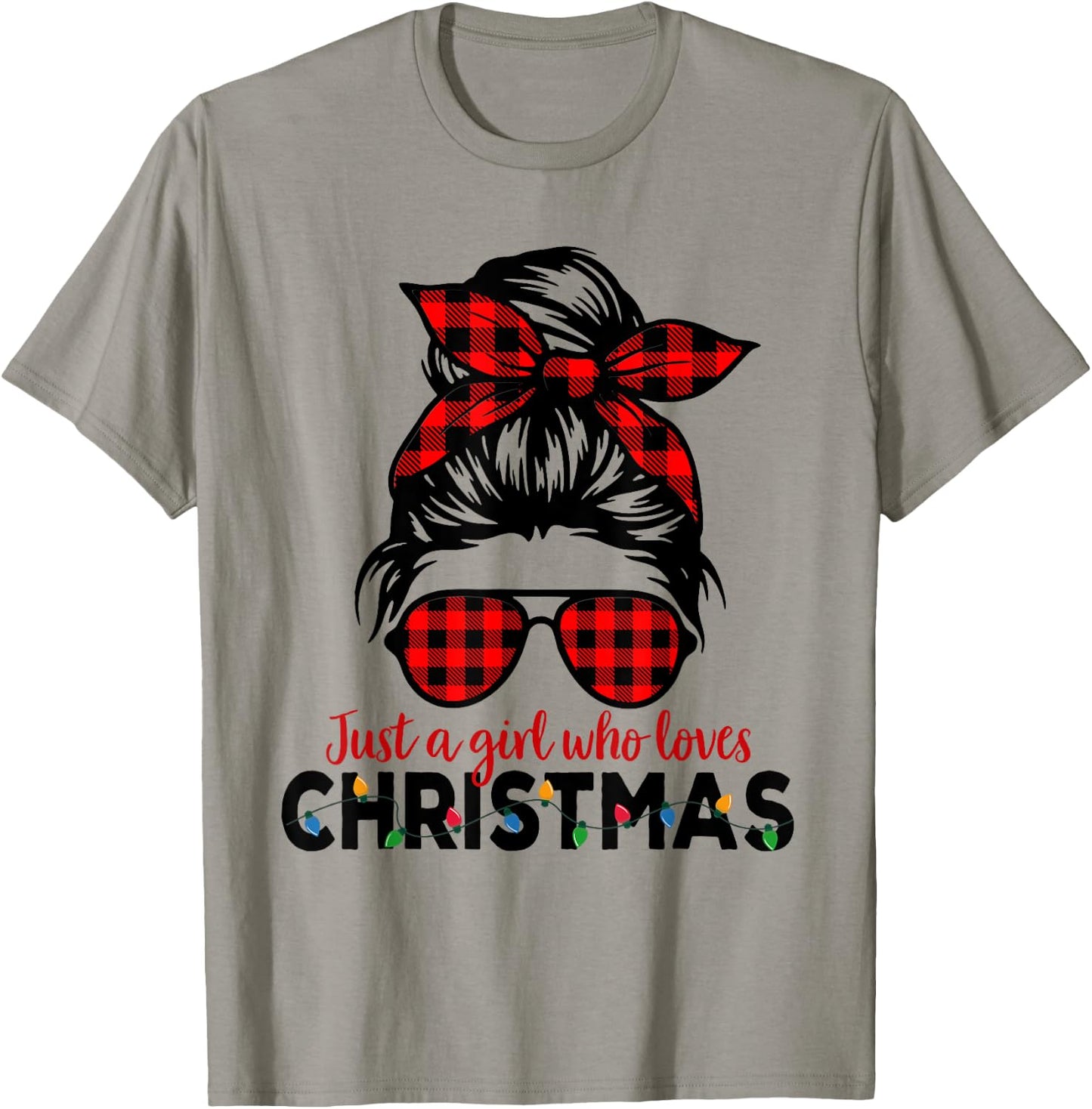 Just a Girl Who Loves Christmas Women Messy Bun Buffalo T-Shirt - T-Shirt | Sand