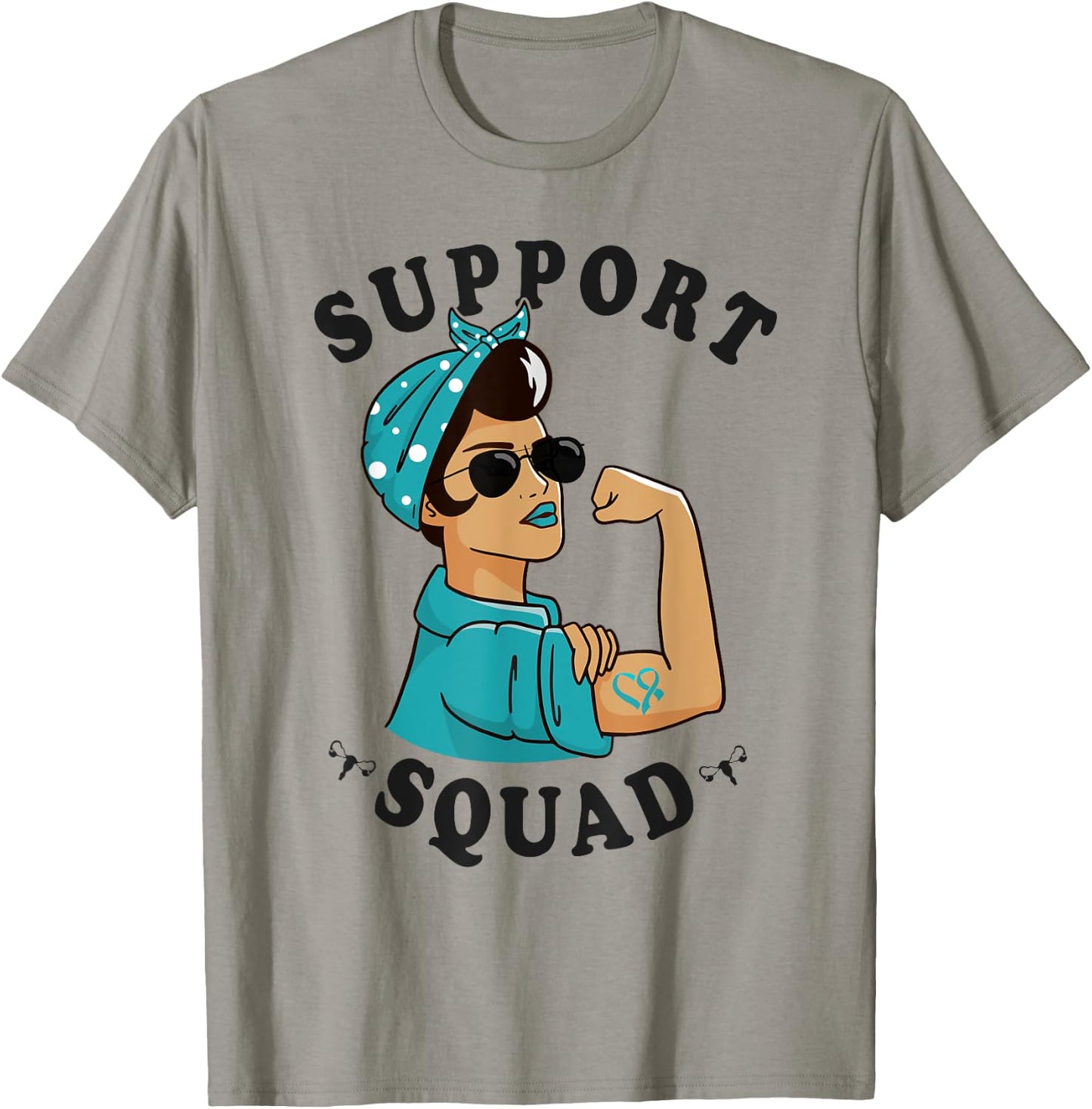 "Support Squad" Teal Ribbon Bandana Women Ovarian Cancer T-Shirt - T-Shirt | Sand