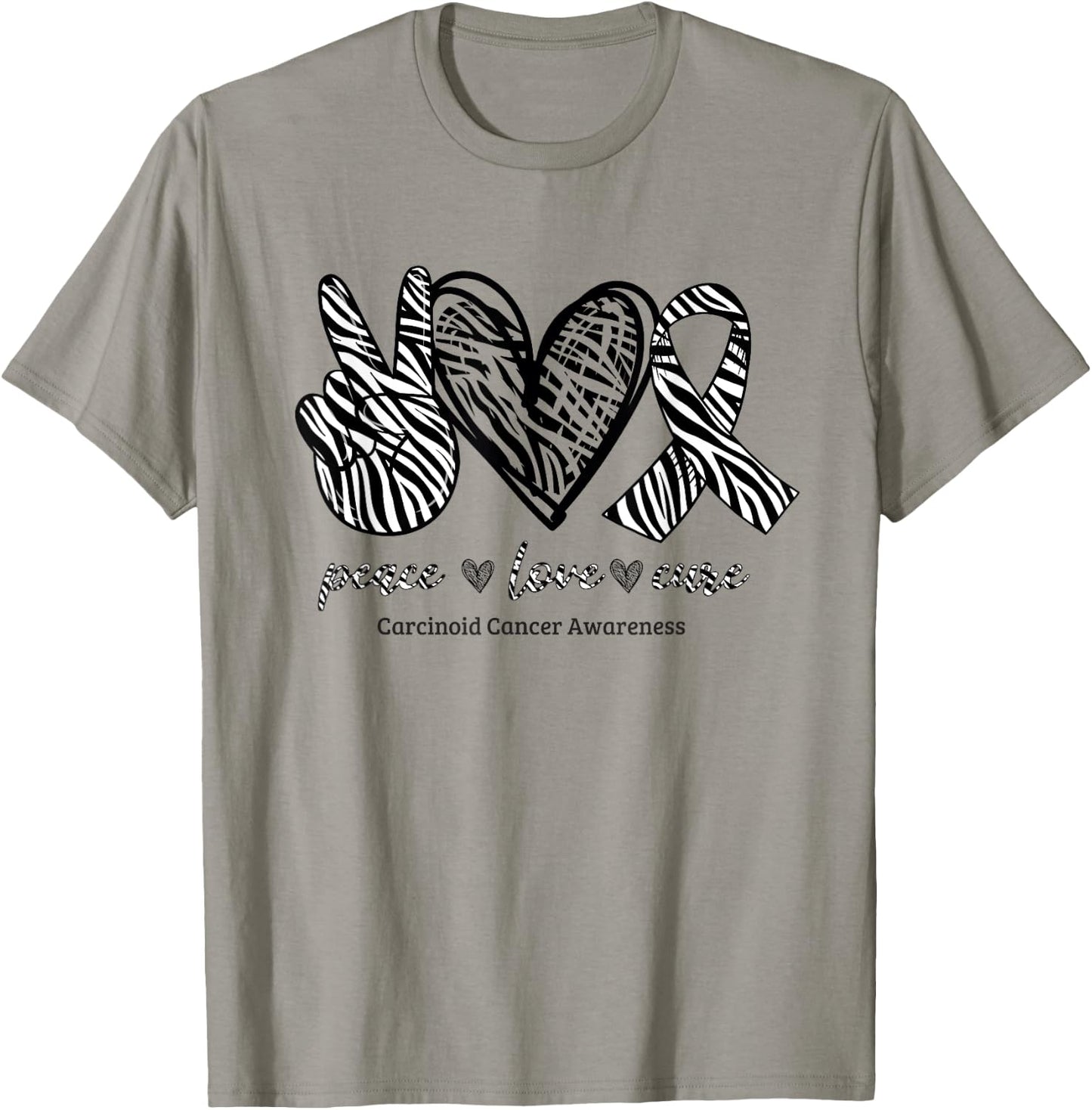 Peace Love Cure Zebra Ribbon Carcinoid Cancer Awareness T-Shirt - T-Shirt | Sand