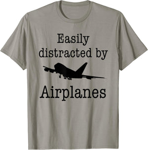 Easily Distracted By Airplanes Funny Pilot Flying Gift T-Shirt - T-Shirt | Sand
