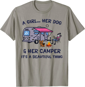 A Girl Her Dog And Her Camper It's A Beautiful Thing T-Shirt - T-Shirt | Sand