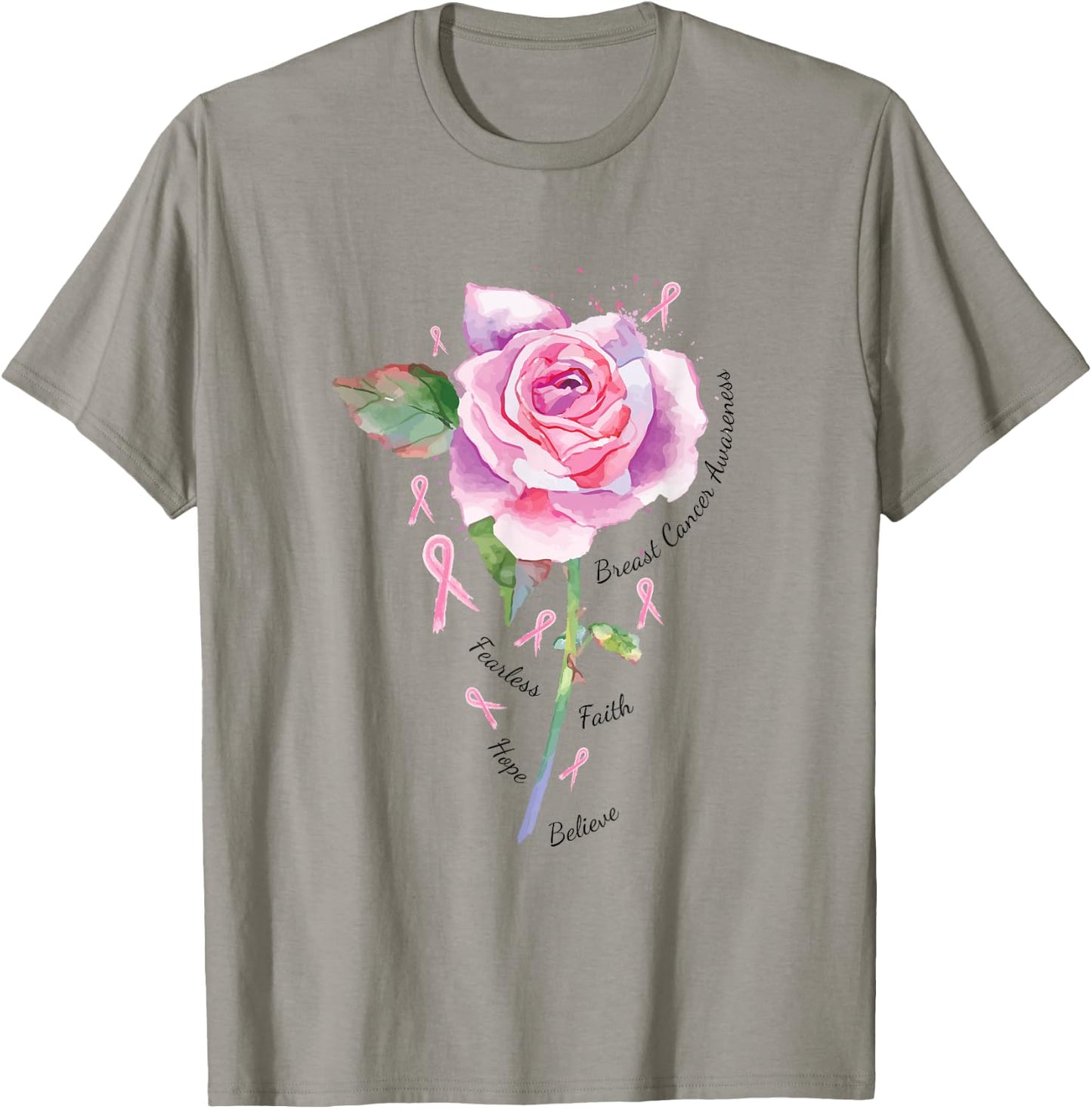 Breast Cancer Shirt Pink Ribbon Rose Fearless Faith Hope T-Shirt - T-Shirt | Sand