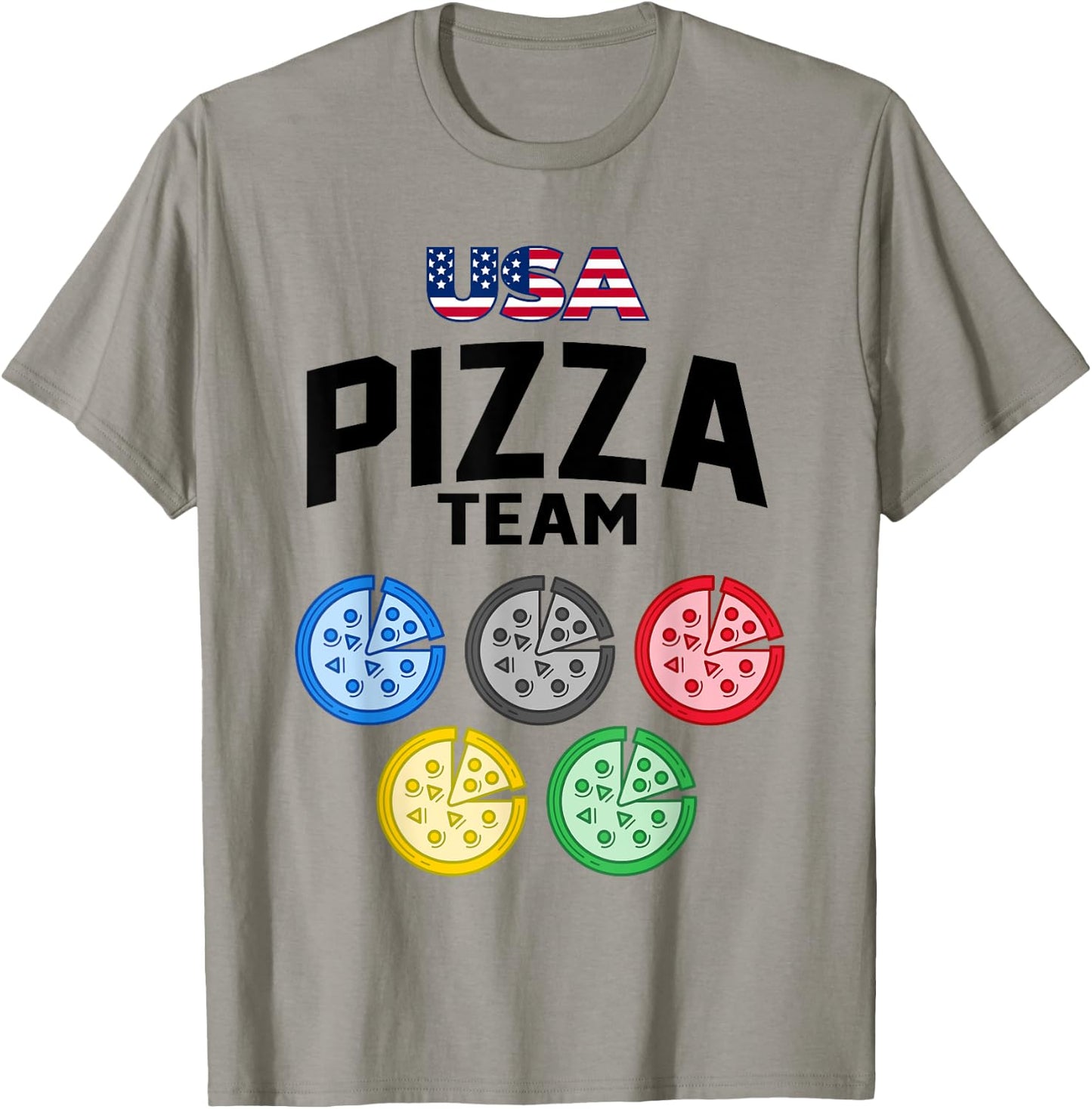 Funny Pizza USA Eating Team 5 Rings Colors Flag T-Shirt - T-Shirt | Sand