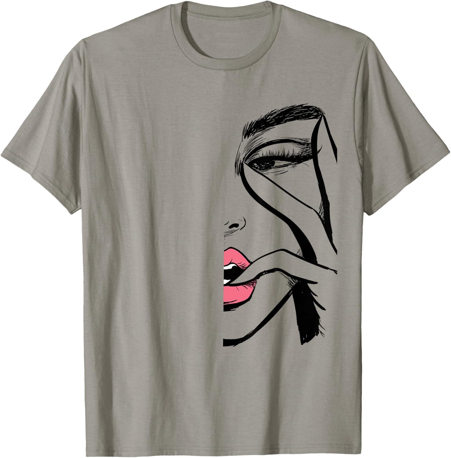 Beautiful Lady Face Makeup Women Face Line Art Eyes Lip T-Shirt - T-Shirt | Sand