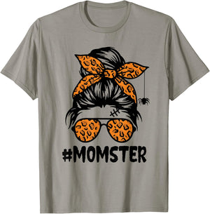Momster Shirt Halloween Mom Messy Bun Leopard T-Shirt - T-Shirt | Sand