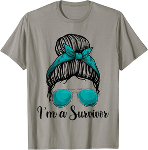 I’m A Survivor Messy Bun Shirt, Ovarian Cancer Awareness T-Shirt - T-Shirt | Sand