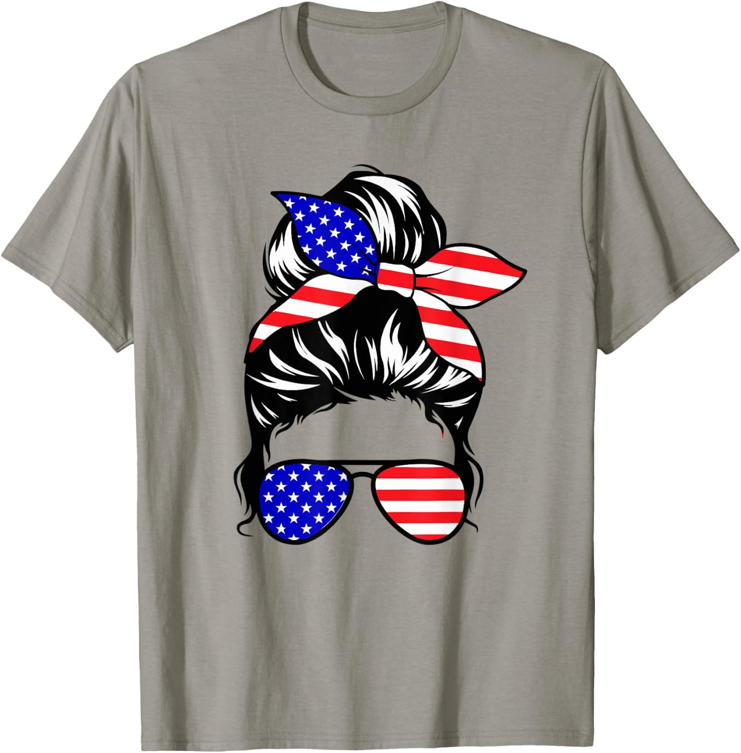 4th of July Shirt Daughter Messy Bun Cute American USA Girls T-Shirt - T-Shirt | Sand