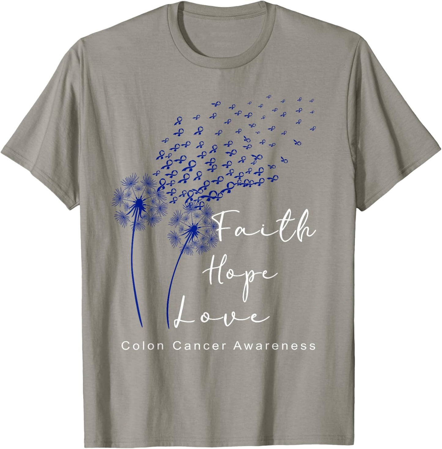Dandelion Blue Ribbon Faith Hope Love Colon Cancer Awareness T-Shirt - T-Shirt | Sand