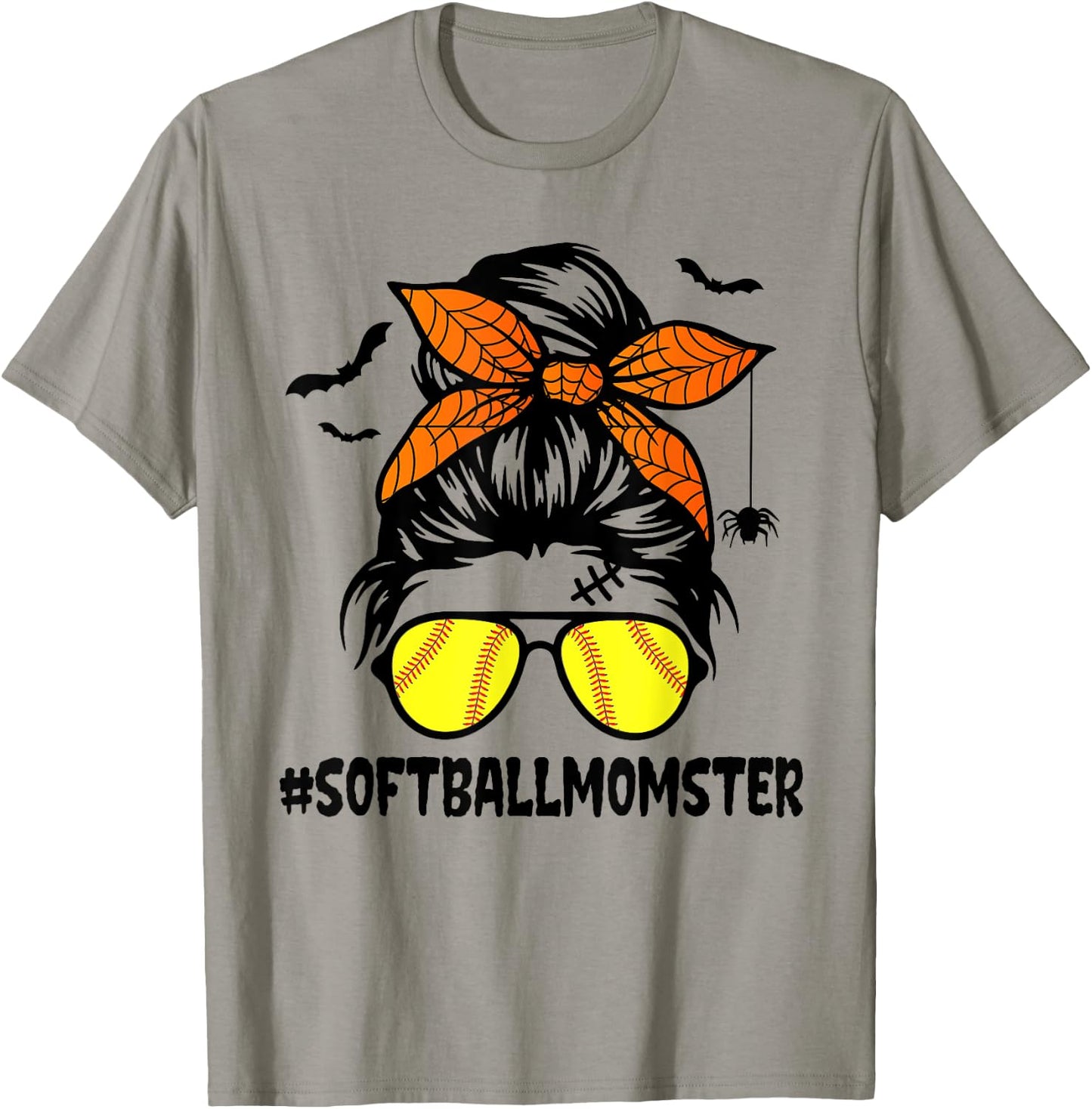 Softball Momster Shirt Halloween Mom Messy Bun T-Shirt - T-Shirt | Sand