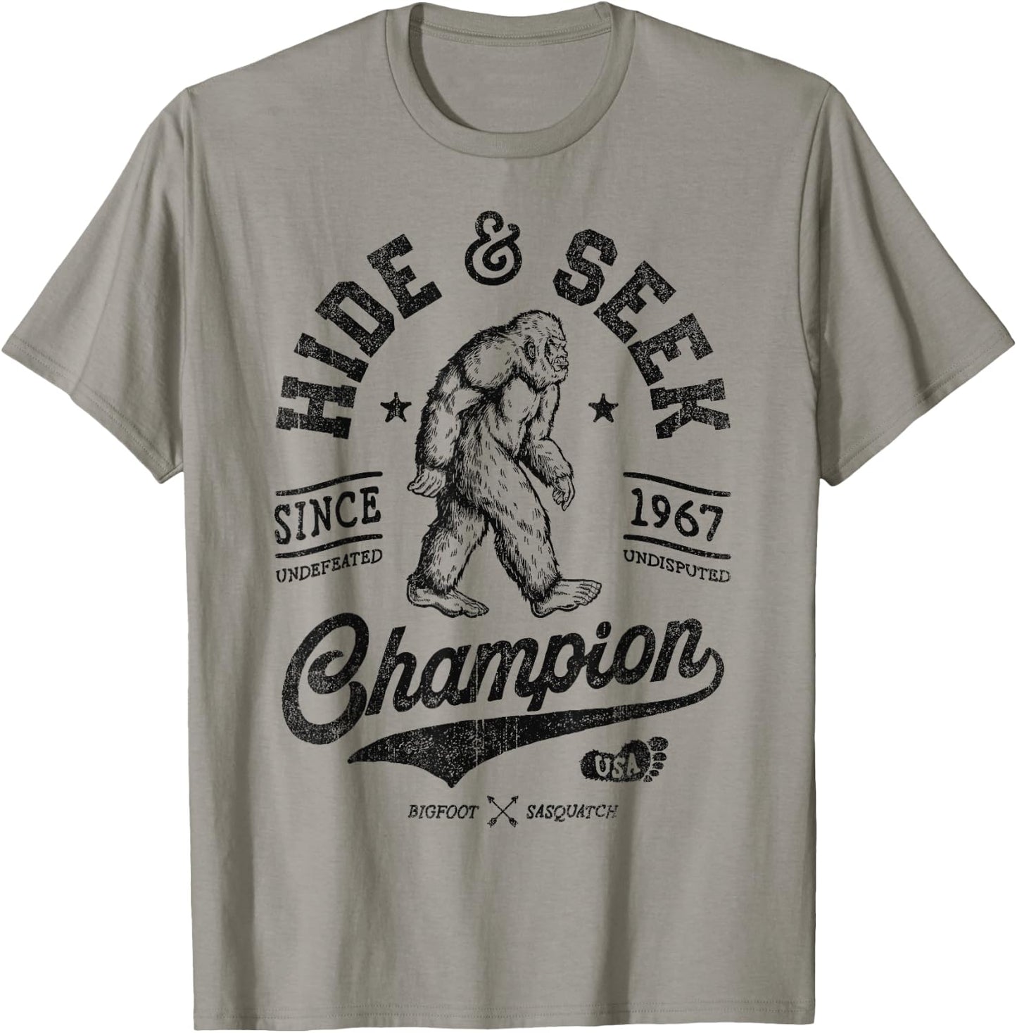 Bigfoot Hide And Seek Champion Funny Sasquatch Retro Vintage T-Shirt - T-Shirt | Sand