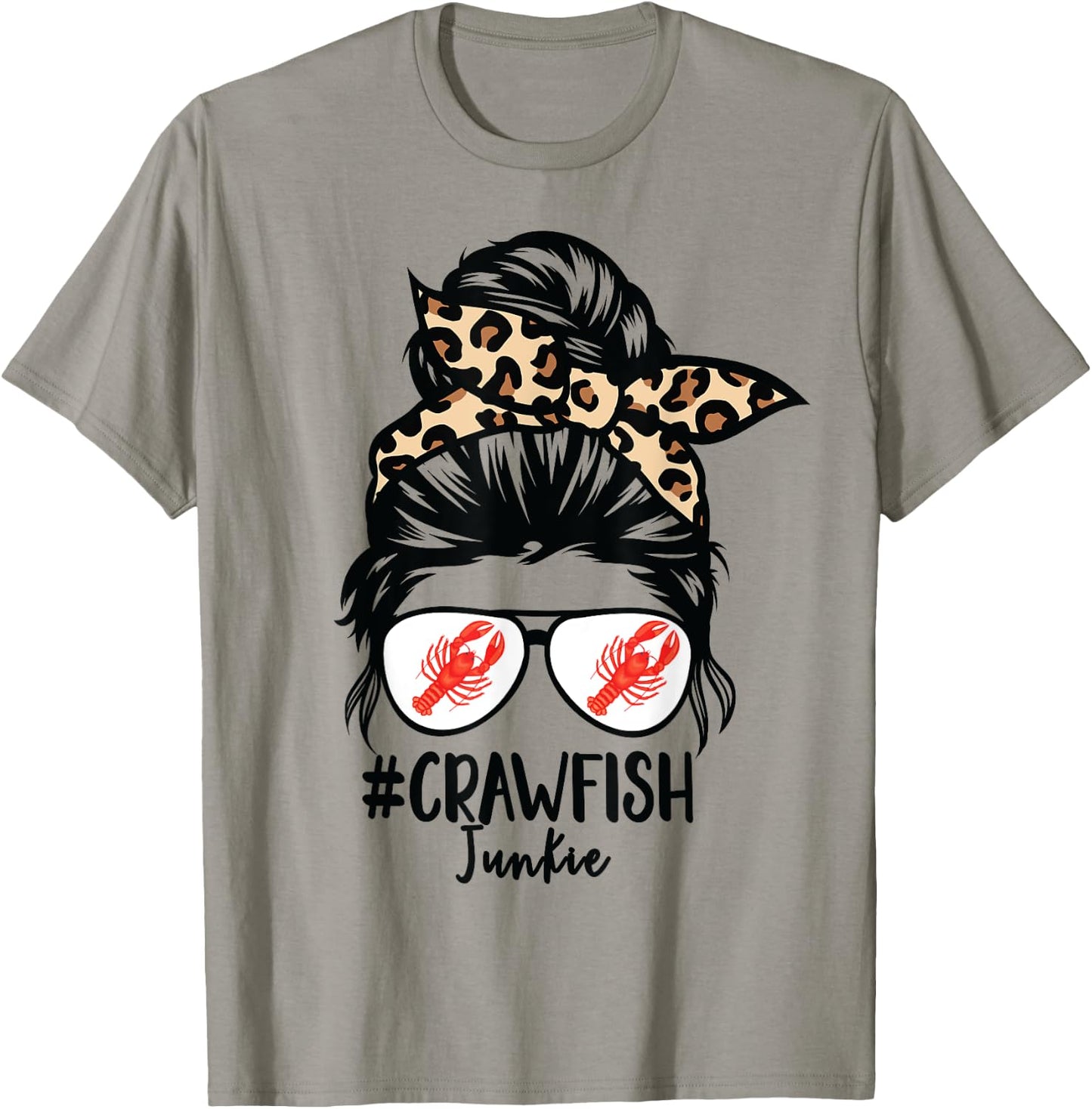 Crawfish Junkie Leopard Messy Bun Sunglasses Cajun Lobster T-Shirt - T-Shirt | Sand