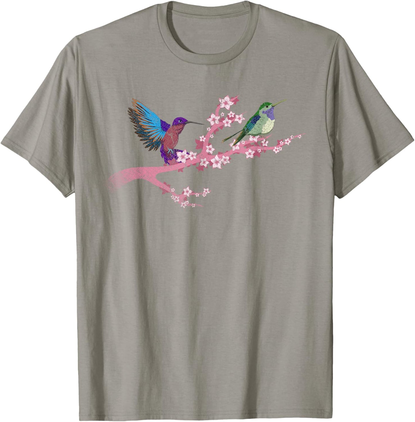 Bird Flowers Cherry Blossom Animal Vintage Hummingbird T-Shirt - T-Shirt | Sand