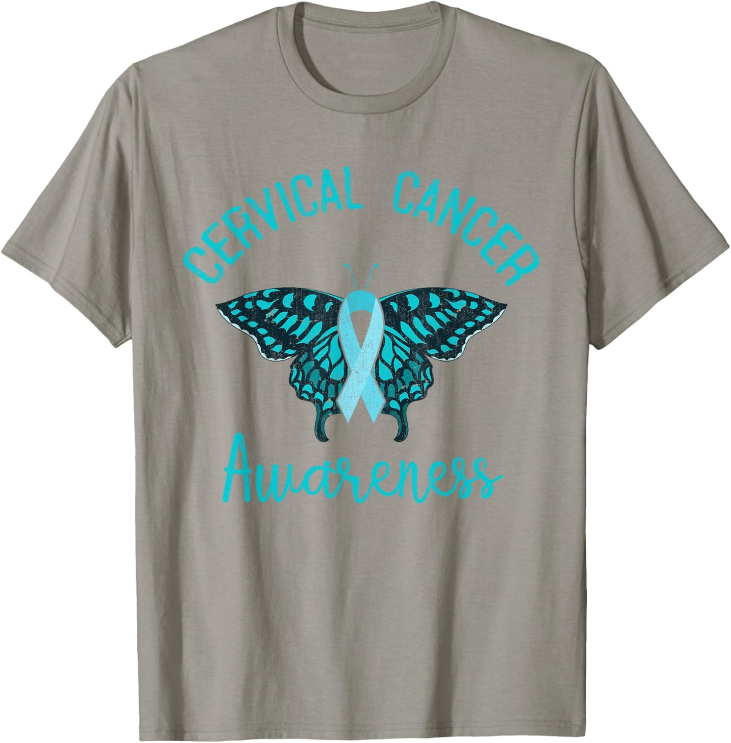 Teal Ribbon Butterfly Cancer Fight Cervical Cancer Awareness T-Shirt - T-Shirt | Sand