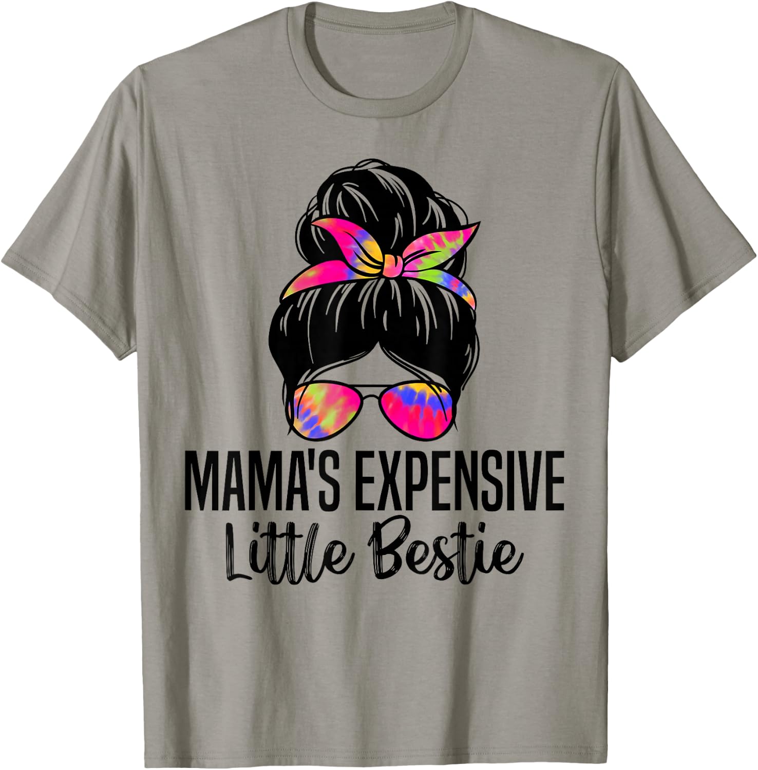 Mama's Expensive Little Bestie Groovy Funny mom messy bun T-Shirt - T-Shirt | Sand