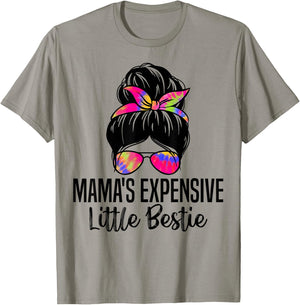 Mama's Expensive Little Bestie Groovy Funny mom messy bun T-Shirt - T-Shirt | Sand
