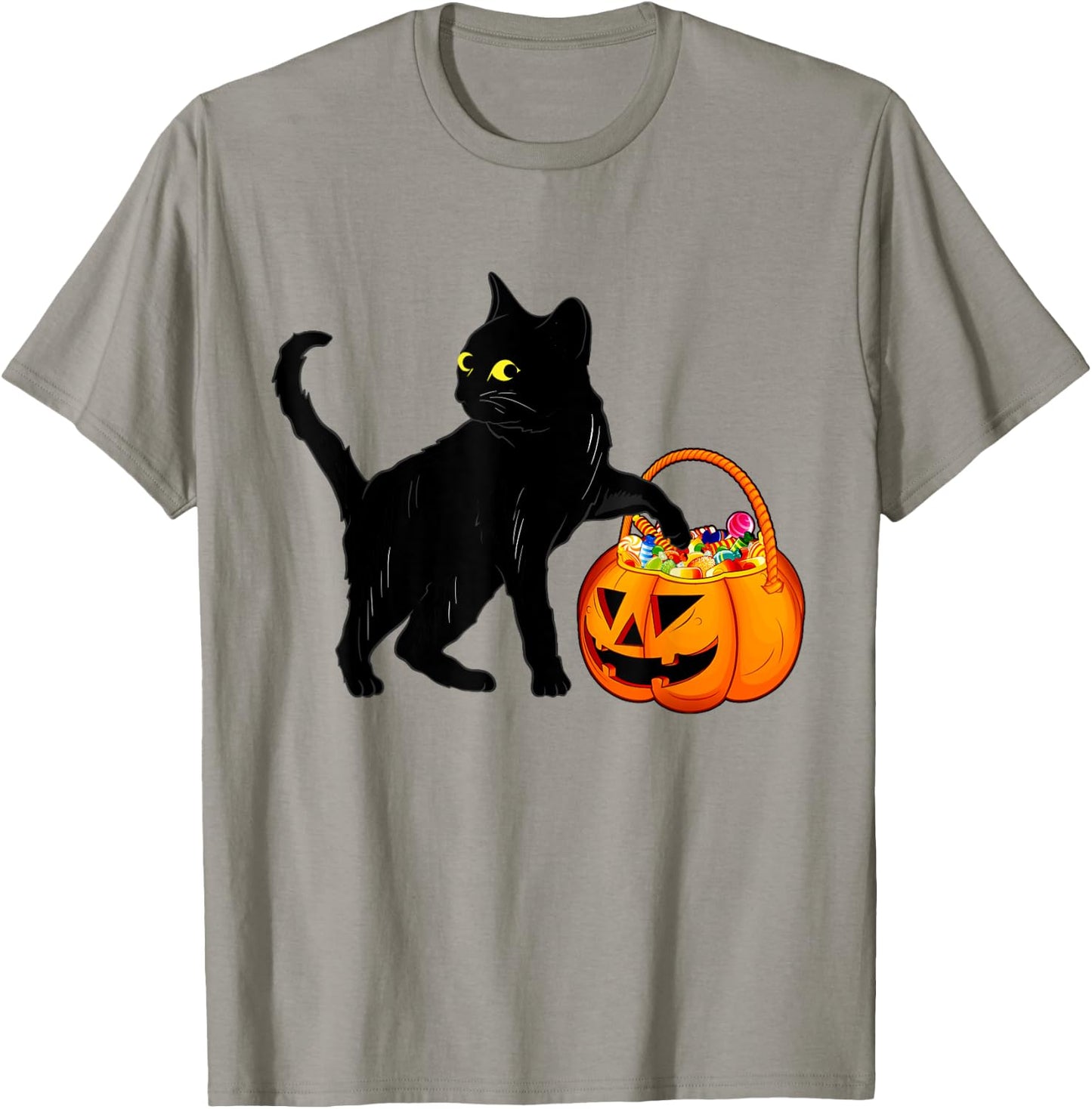 Black Cat Halloween Candy Pumpkin Bag Sweet Lollipop Funny T-Shirt - T-Shirt | Sand
