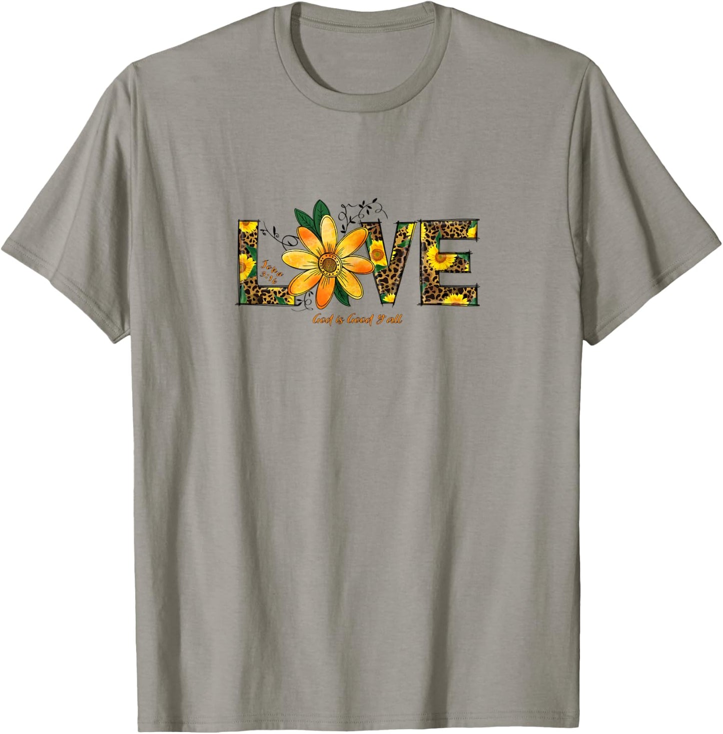 LOVE Leopard and Sunflowers, John 3:16 Christian Scripture T-Shirt - T-Shirt | Sand