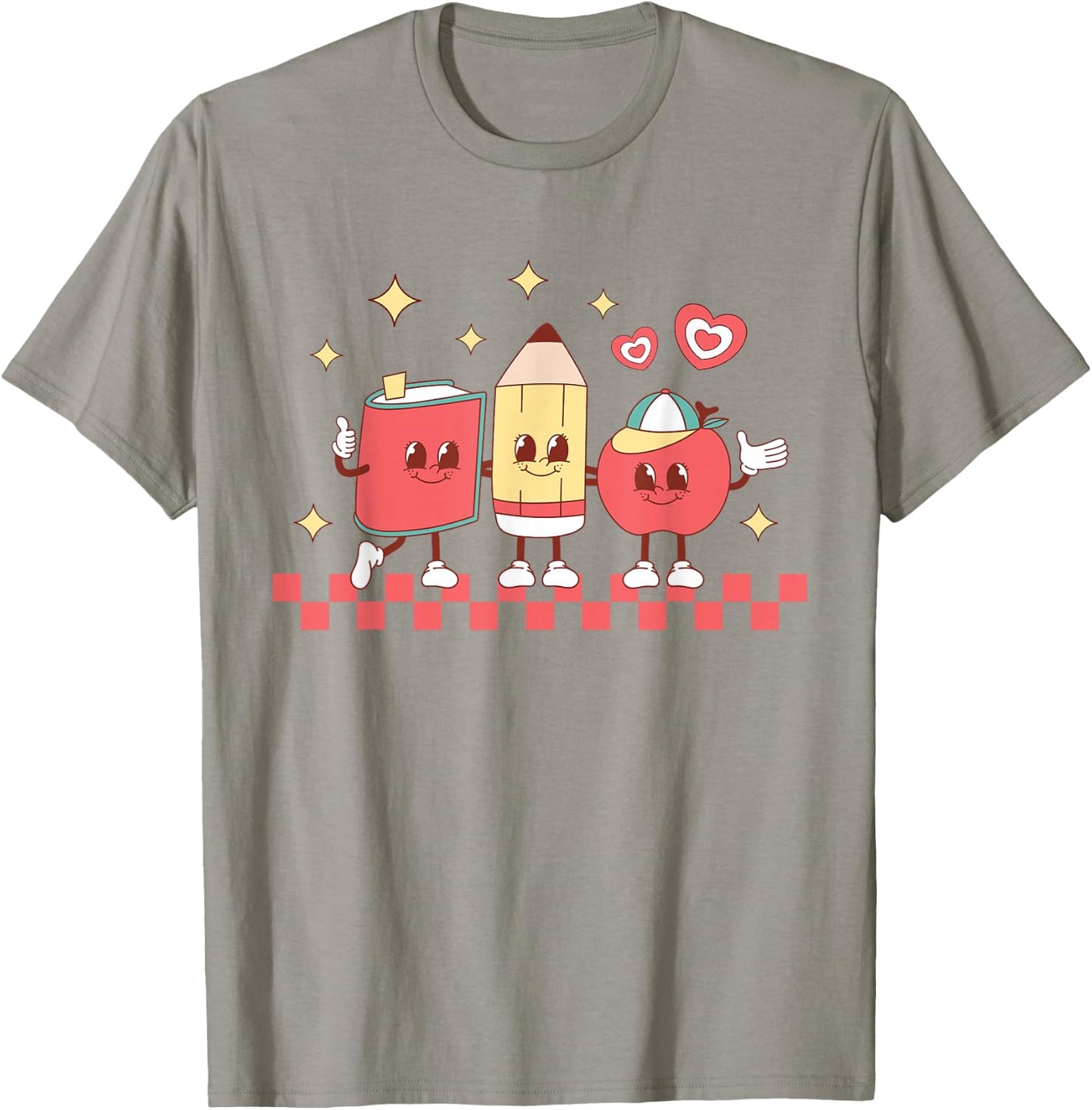 Cute Retro Checkered Apple with Face Teacher Pencil Trendy T-Shirt - T-Shirt | Sand