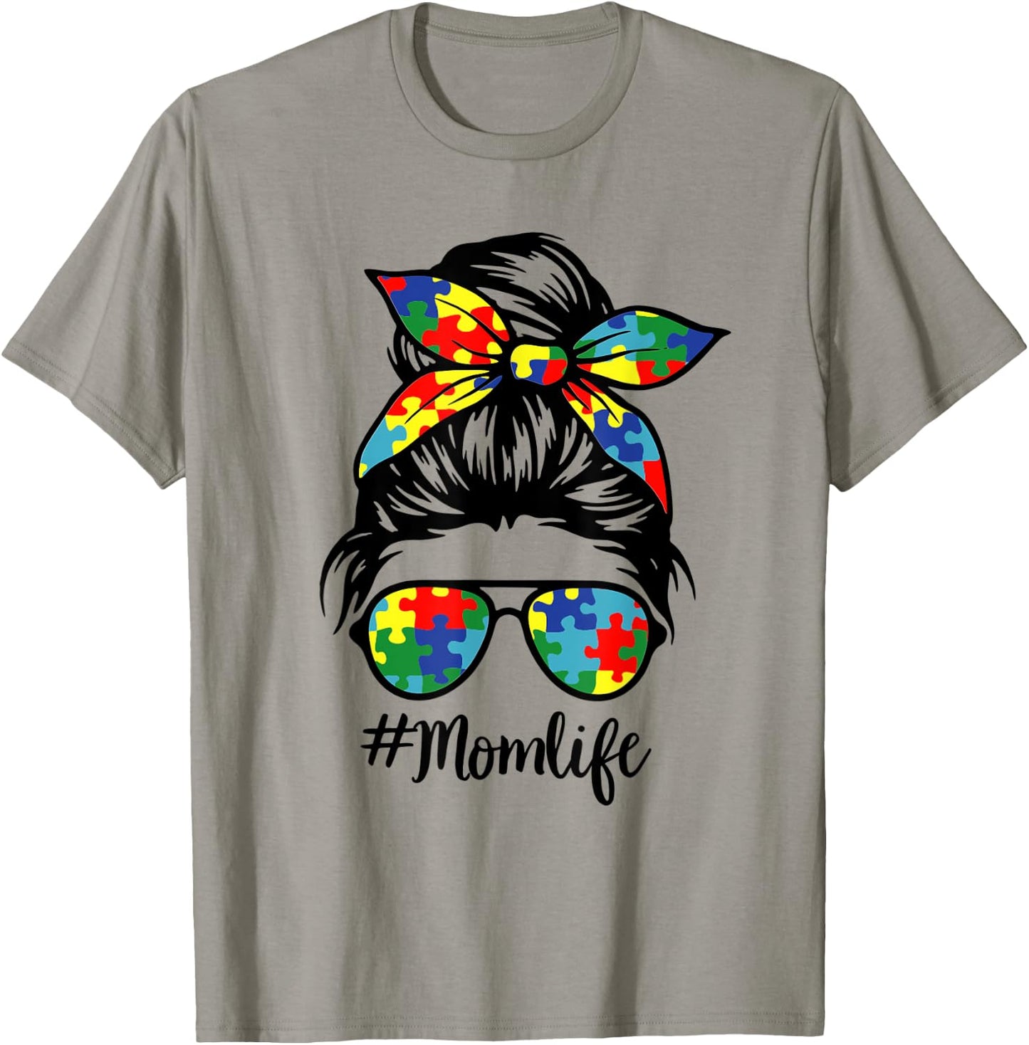 Autism Mom Life Puzzle Messy Bun Autism Awareness Month T-Shirt - T-Shirt | Sand