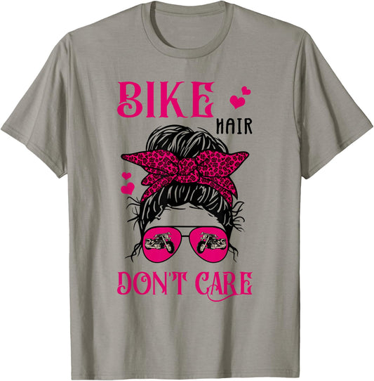 Funny Biker Hair Don't Care Messy Bun Girl Bike Lover Women T-Shirt - T-Shirt | Sand