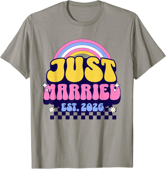 Just Married Est 2026 Groovy Wedding 2026 Newlywed Couple T-Shirt - T-Shirt | Sand