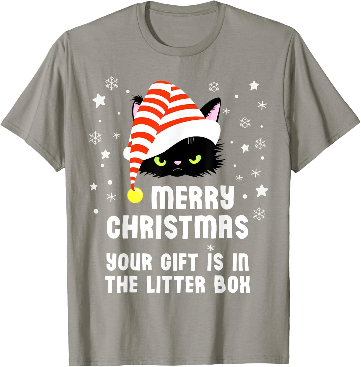Merry Christmas Top Your Gift is in the Litter Box Cat Funny Men Women Kids T-Shirt - T-Shirt | Sand