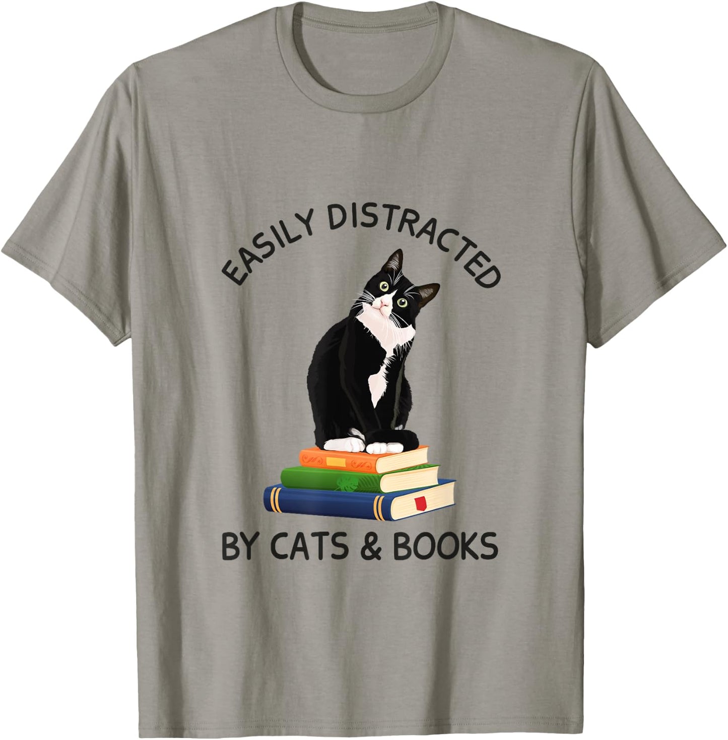 Easily Distracted By Cats And Books, Cat On A Pile Of Books Women Kids T-Shirt - T-Shirt | Sand
