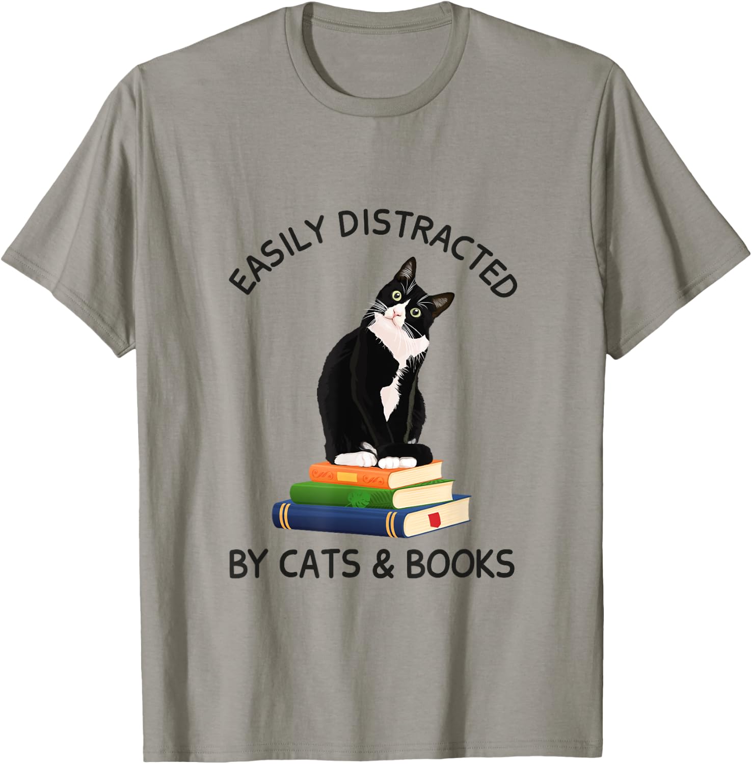 Easily Distracted By Cats And Books, Cat On A Pile Of Books Women Kids T-Shirt - T-Shirt | Sand