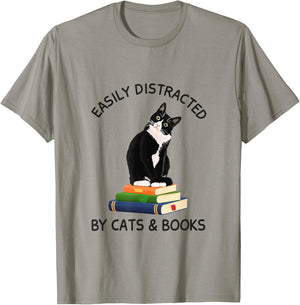 Easily Distracted By Cats And Books, Cat On A Pile Of Books Women Kids T-Shirt - T-Shirt | Sand