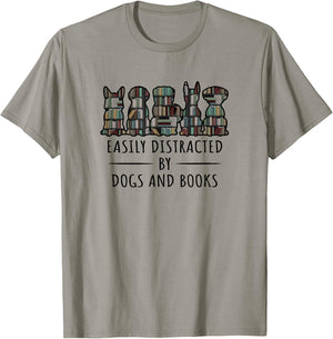 Easily Distracted By Dogs And Books Funny Animal Book Lover T-Shirt - T-Shirt | Sand