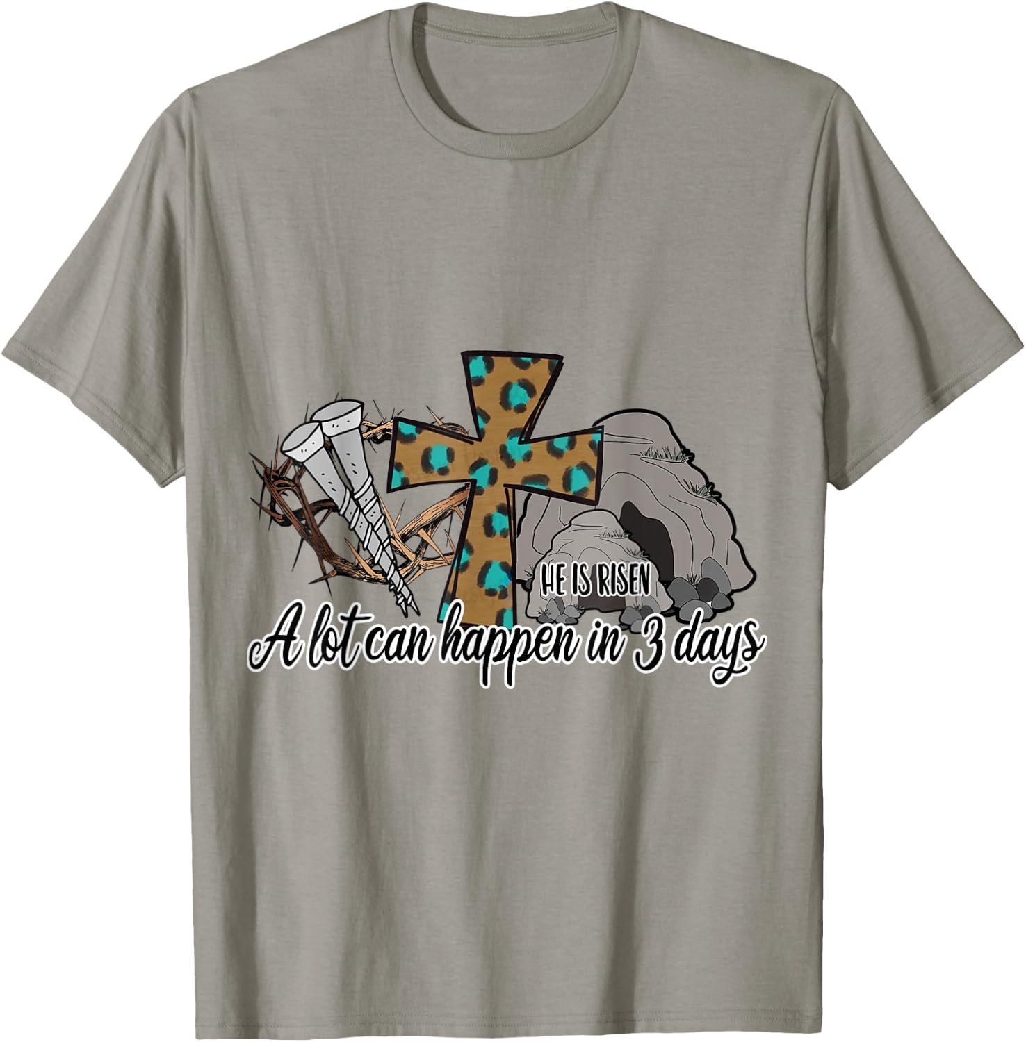He Is Risen Jesus Christian Stone Cave Leopard Happy Easter T-Shirt - T-Shirt | Sand