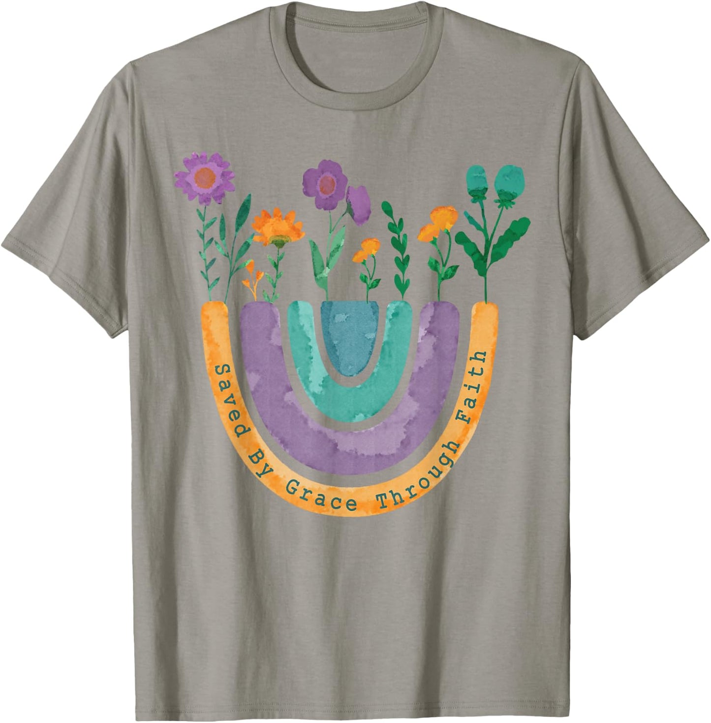 Saved By Grace Through Faith Christian Rainbow Wildflowers T-Shirt - T-Shirt | Sand