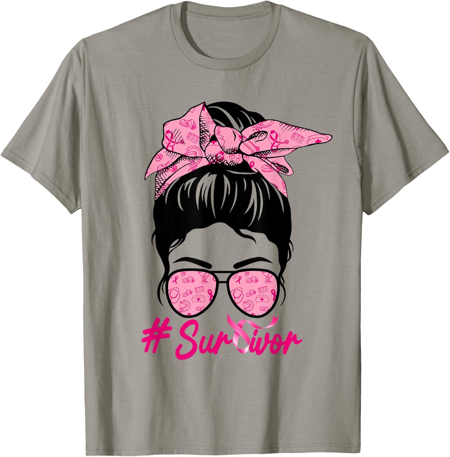 Survivor Messy Bun Pink Breast Cancer Awareness T-Shirt - T-Shirt | Sand
