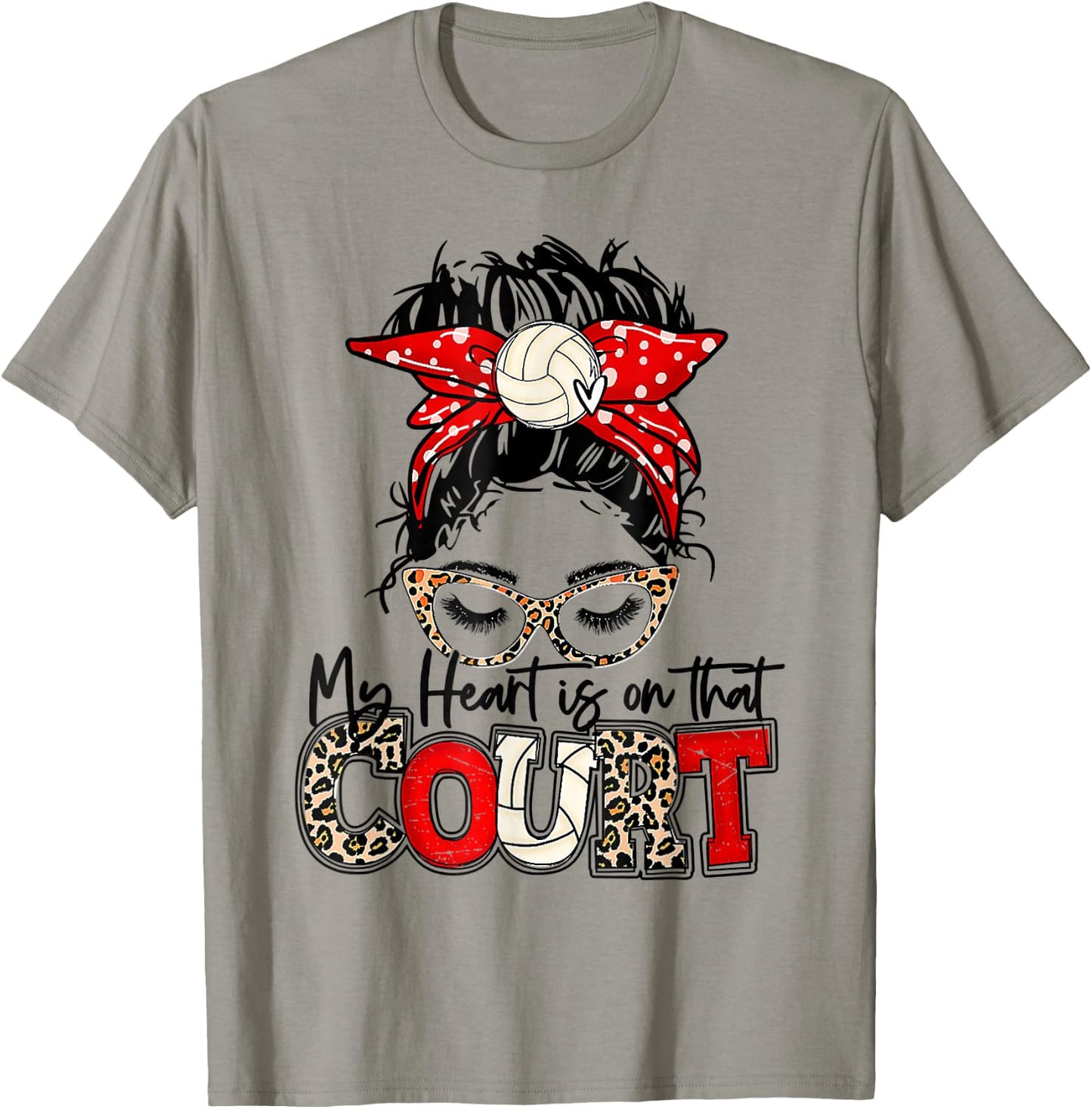 Leopard Messy Bun My Heart Is On That Court Volleyball Vibes T-Shirt - T-Shirt | Sand