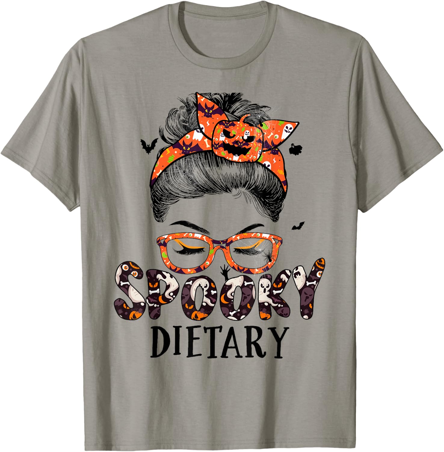 Messy Bun Spooky Dietary Women Pumpkin Halloween Bat T-Shirt - T-Shirt | Sand