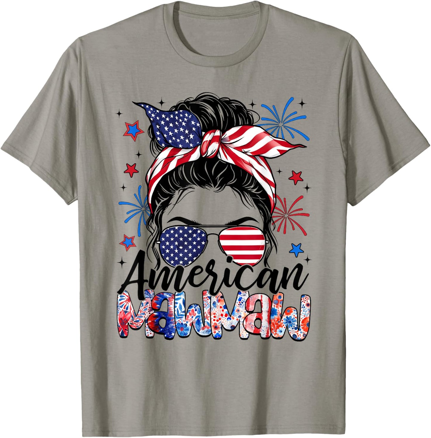 Mawmaw 4th Of July American Flag Patriotic Messy Bun T-Shirt - T-Shirt | Sand