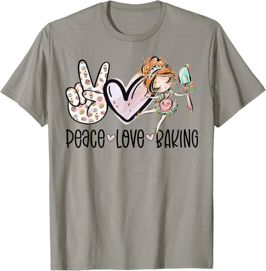 Peace Love Baking Cute Baker Girl Bakery Bake Funny Baking T-Shirt - T-Shirt | Sand