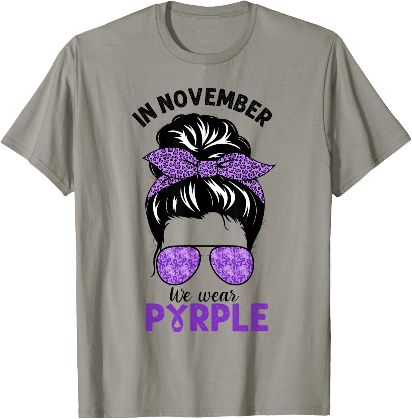 In November We Wear Purple Pancreatic Cancer Messy Bun T-Shirt - T-Shirt | Sand
