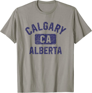 Calgary Alberta CA Gym Style Distressed Dark Blue Print T-Shirt - T-Shirt | Sand