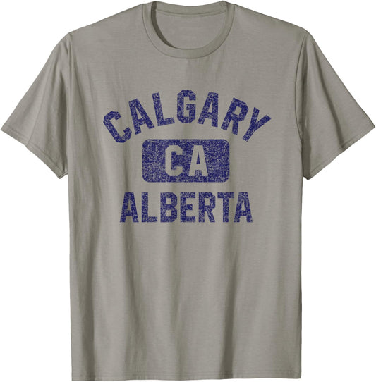 Calgary Alberta CA Gym Style Distressed Dark Blue Print T-Shirt - T-Shirt | Sand