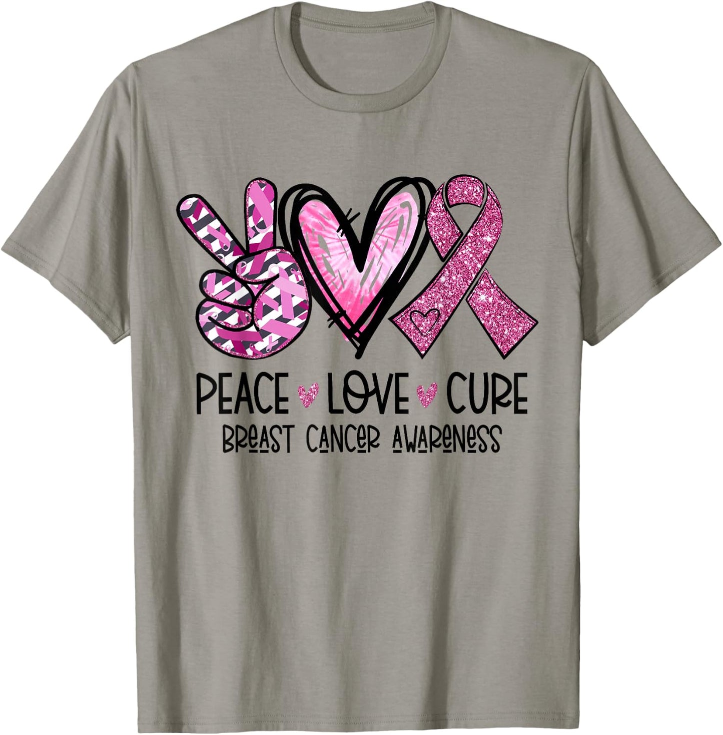 Peace Love Cure Pink Ribbon Cancer Breast Awareness T-Shirt - T-Shirt | Sand