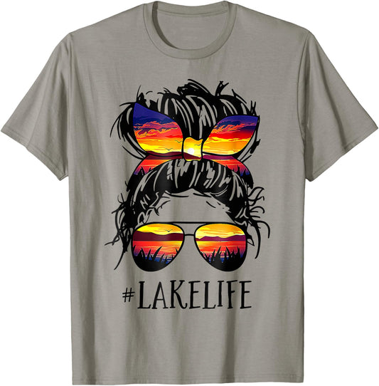 Lake Life Messy Bun Hair Girl Retro Lake Summer T-Shirt - T-Shirt | Sand