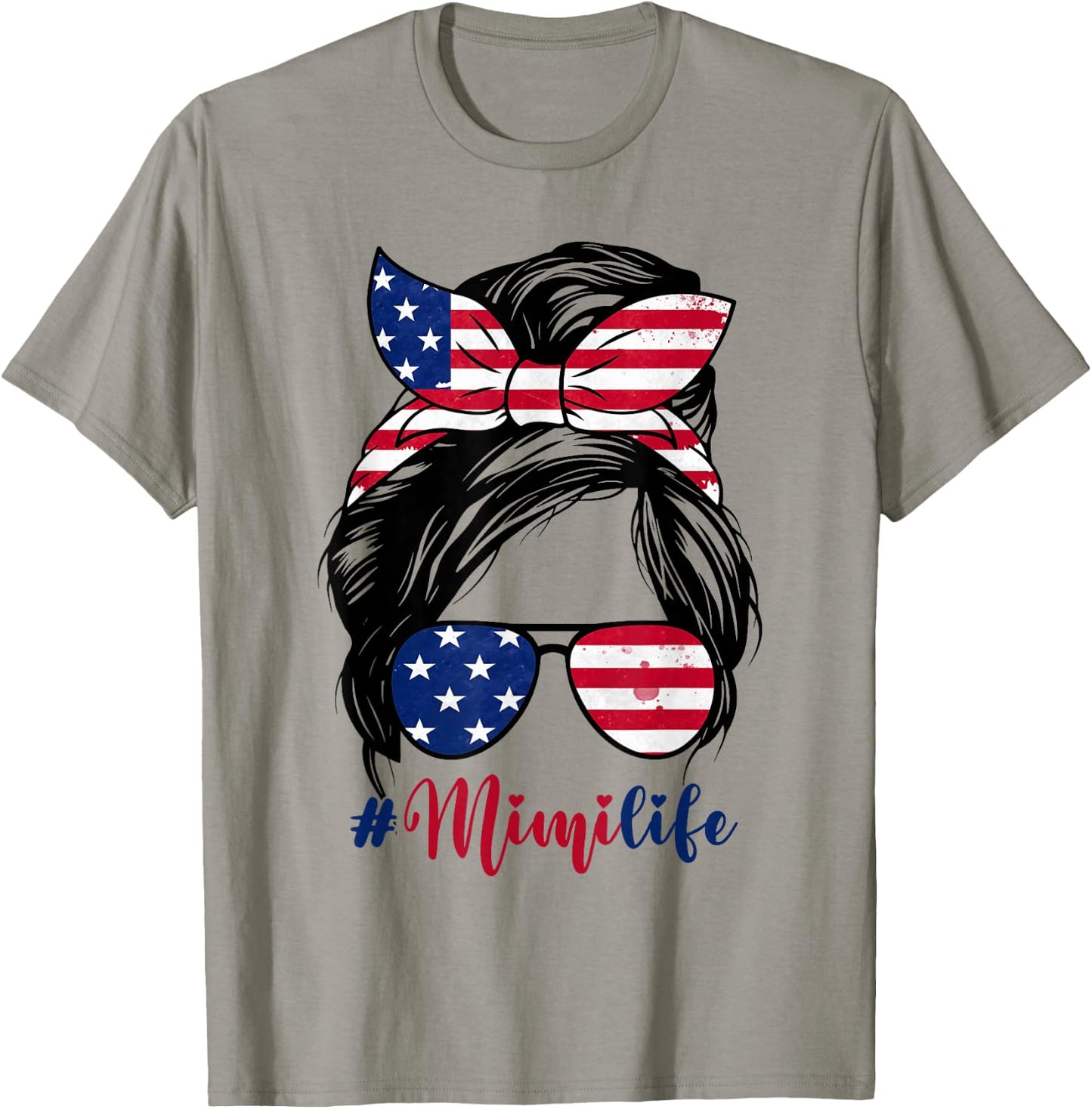 Mimi Life Messy Bun American US Flag Patriotic 4th Of July T-Shirt - T-Shirt | Sand