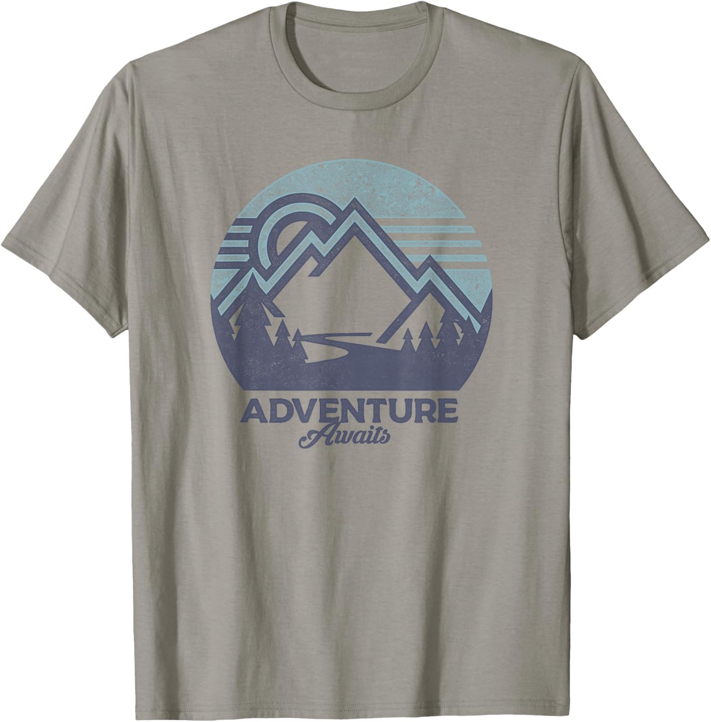 Trendy Adventure Awaits Graphic Blue Mountain Circle T-Shirt - T-Shirt | Sand
