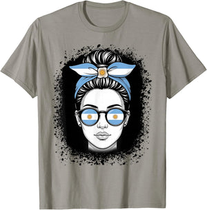Argentina Flag Messy Bun Woman Travel Pride T-Shirt - T-Shirt | Sand